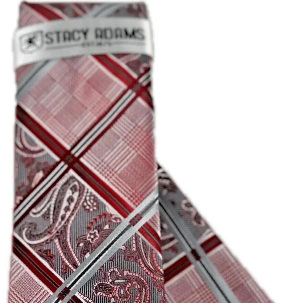 Stacy Adams Men's Tie & Hanky Set Red Silver Charcoal Gray Striped Paisley